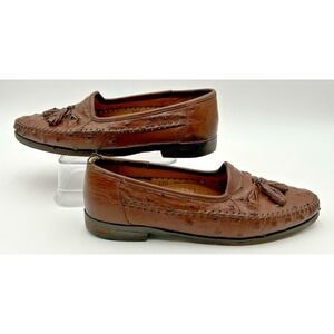 Zelli Genuine Italian Ostrich Leather Tassel Brown Loafer Slip On Shoes 9.5